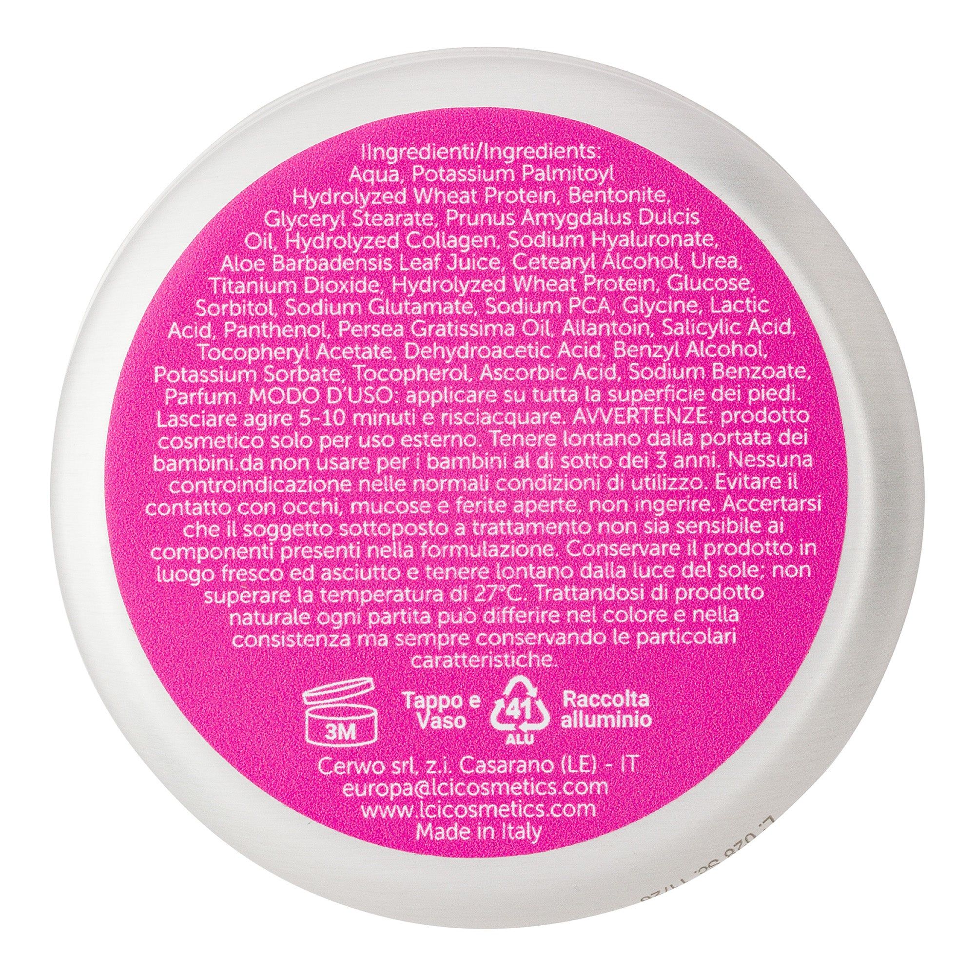 Fondo del contenitore rotondo con adesivo rosa. Testo in italiano, ingredienti e avvertenze.