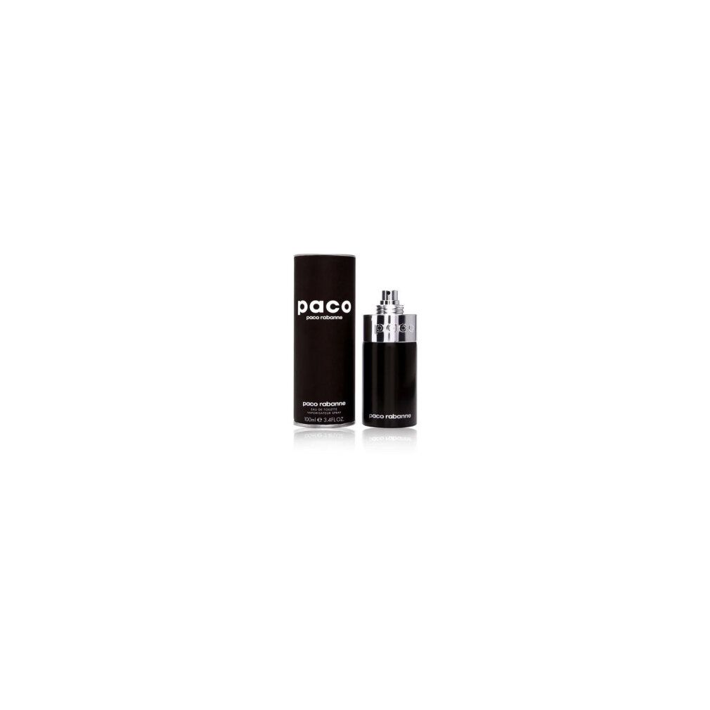 Flacone e confezione Paco Rabanne Paco Edt Spray. Nero con vaporizzatore argentato. Testo: Paco, Paco Rabanne, 100ml, 3.4 FL.OZ.
