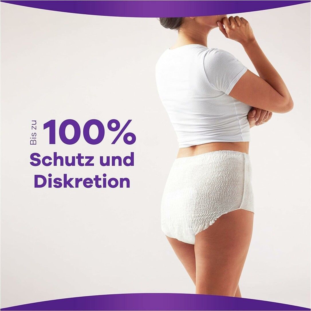 Una donna indossa mutandine per incontinenza Always Discreet. Testo: Fino al 100% di protezione e discrezione.