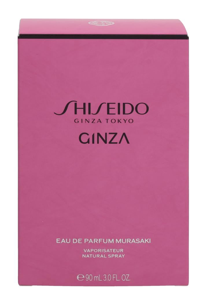 Scatola rettangolare rosa con logo Shiseido nero e scritta Ginza. Testo: Eau de Parfum Murasaki.