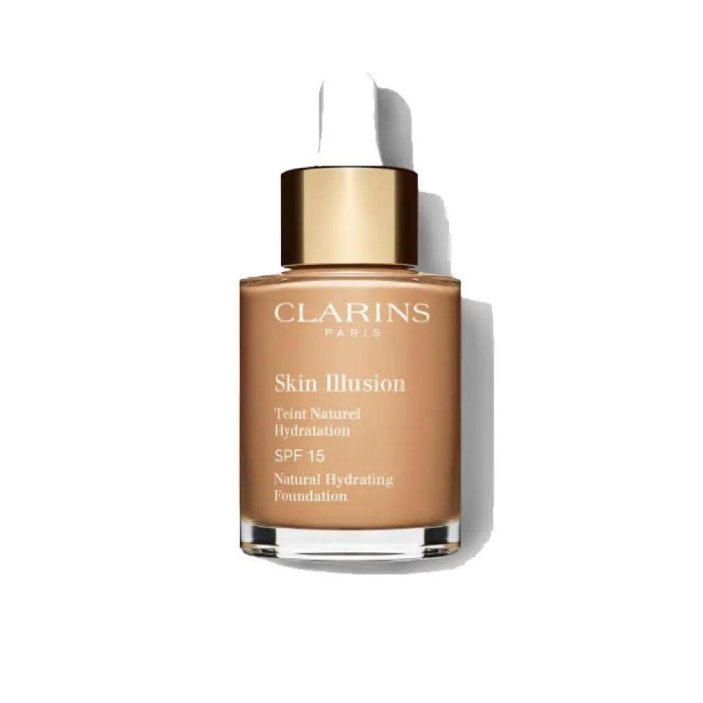 Fondotinta liquido in flacone di vetro con contagocce. Scritta: Clarins, Skin Illusion, Teint Naturel Hydratation, SPF 15, Natural Hydrating Foundation.