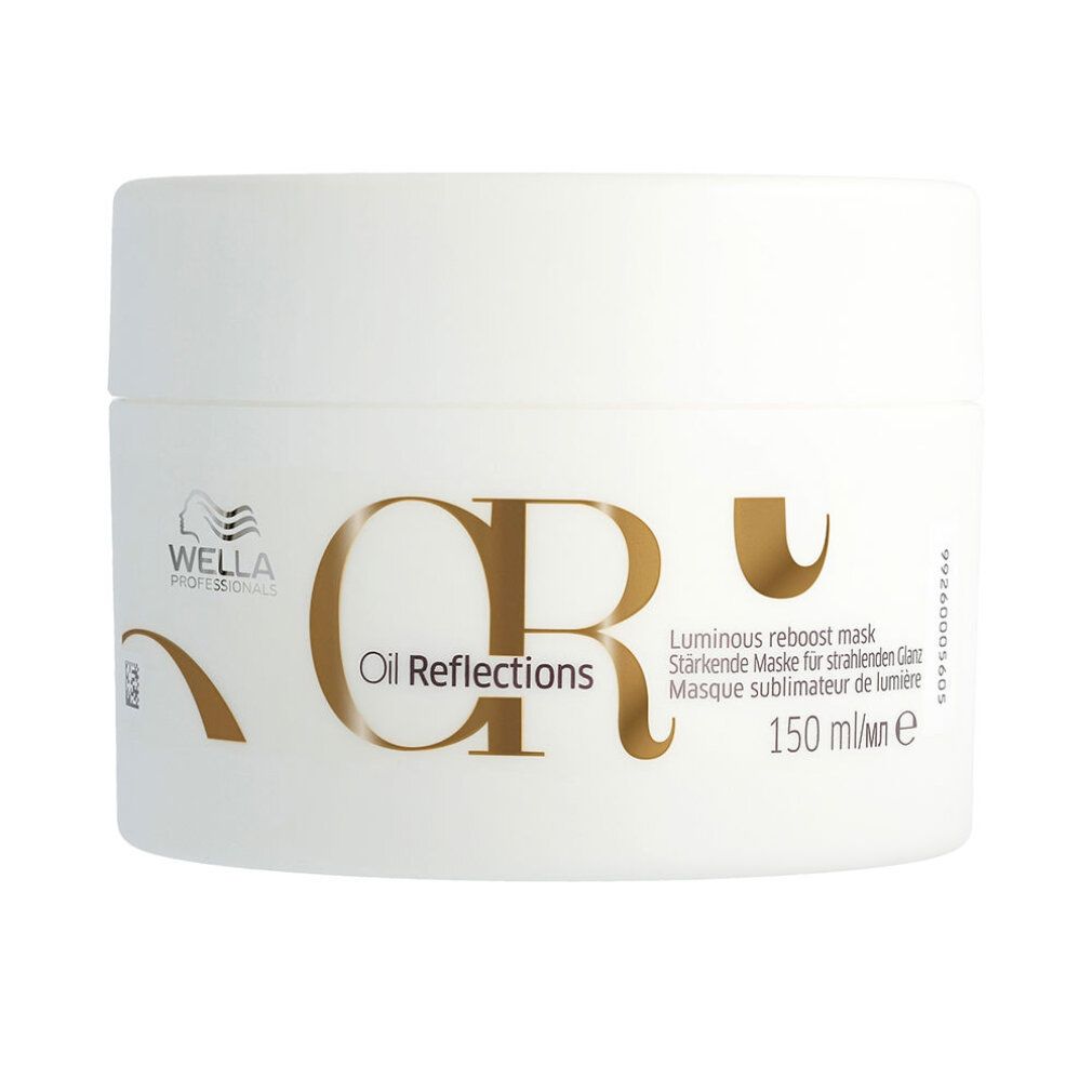 Barattolo bianco con scritta dorata "CR Oil Reflections". Testo: "Luminous reboost mask", "150 ml". Marchio: Wella.