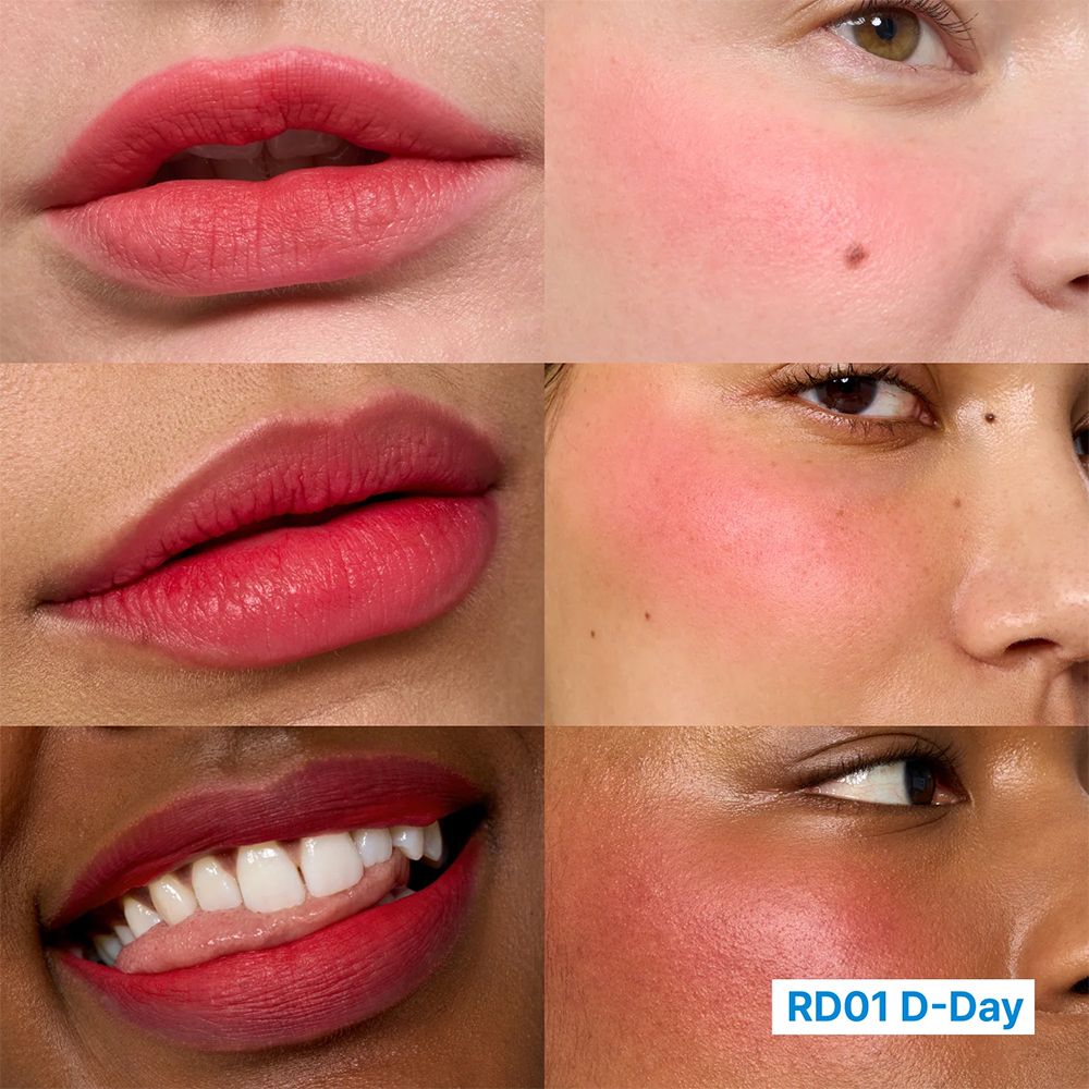 Collage: labbra e guance di diverse tonalità di pelle con rossetto e fard rossi.