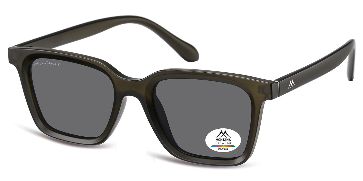 Occhiali da sole grigi scuri, vista laterale. Logo Montana Eyewear sull'asta. Lenti polarizzate.