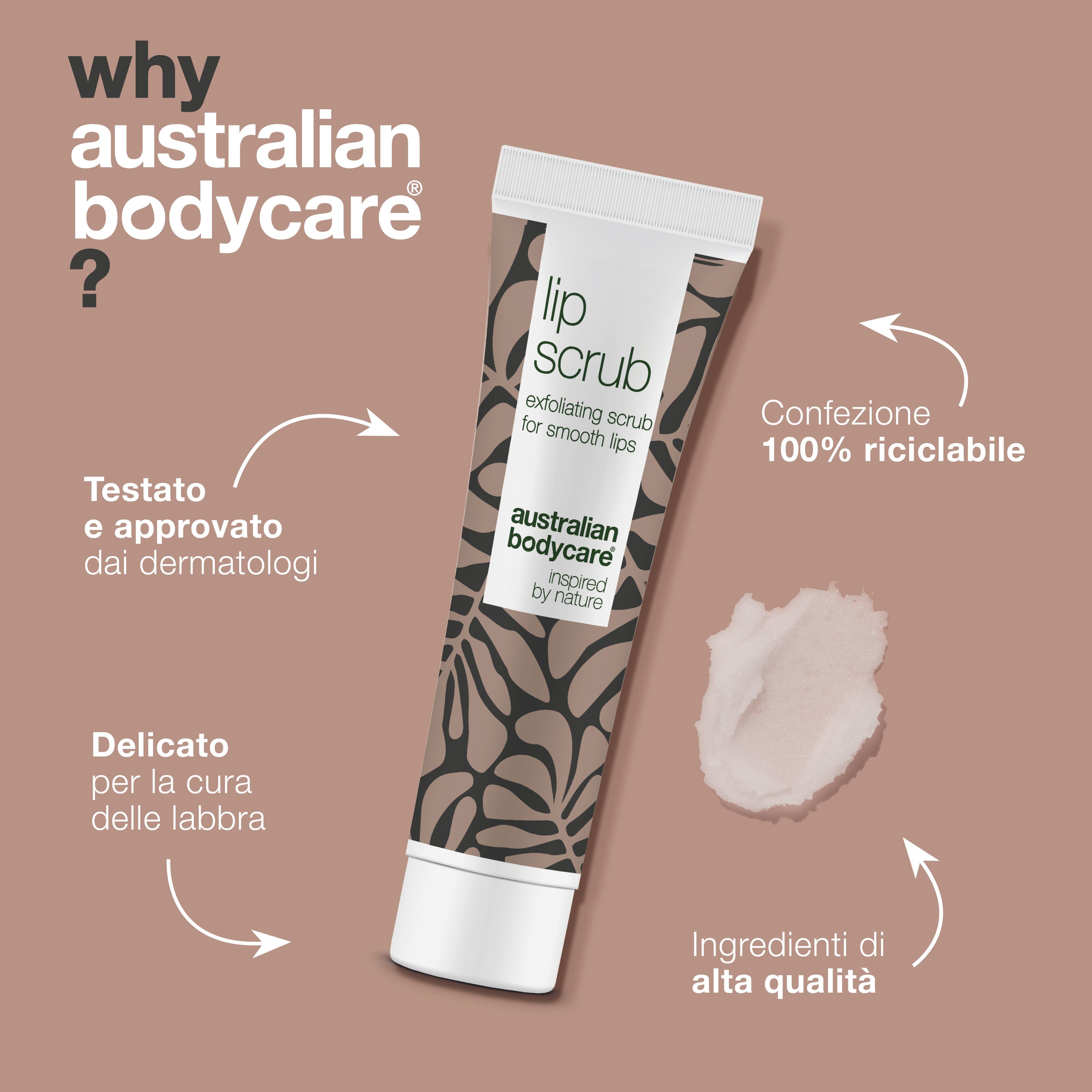 Tubo di cura labbra, testo: Australian Bodycare, Lip Scrub. Testo: Exfoliating for smooth lips. Sfondo marrone, crema.