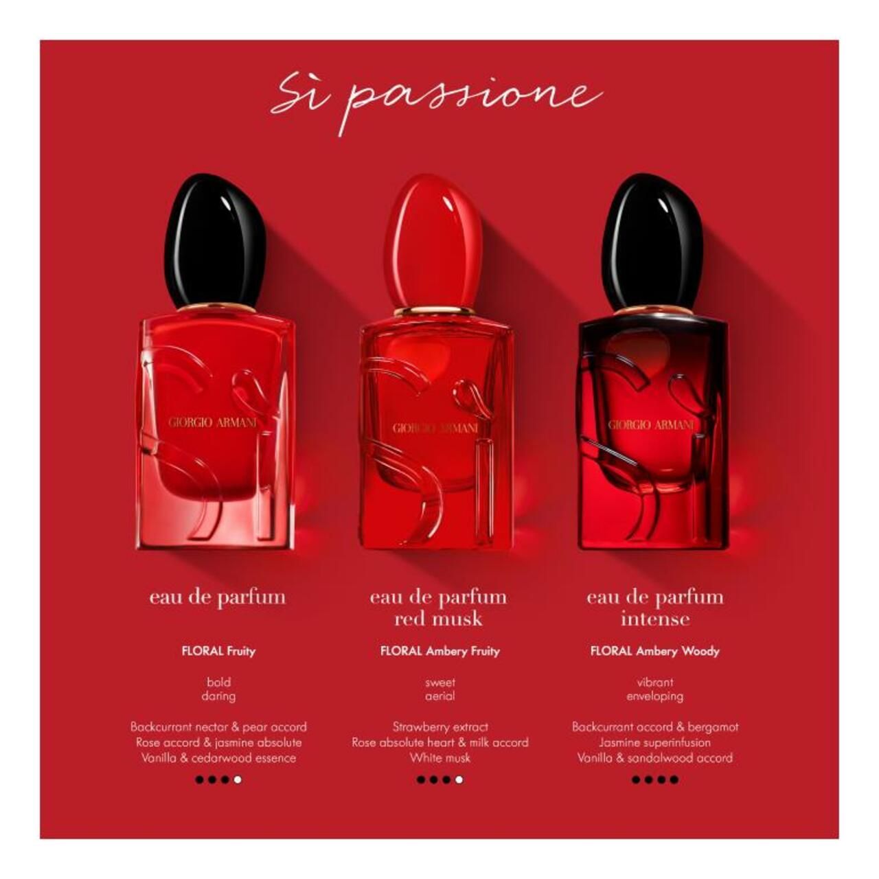 Tre flaconi: rosso, rosso-rosa, rosso scuro. Tappi neri. Testo: Sì Passione, Eau de Parfum. Floral Fruity, Red Musk, Intense.