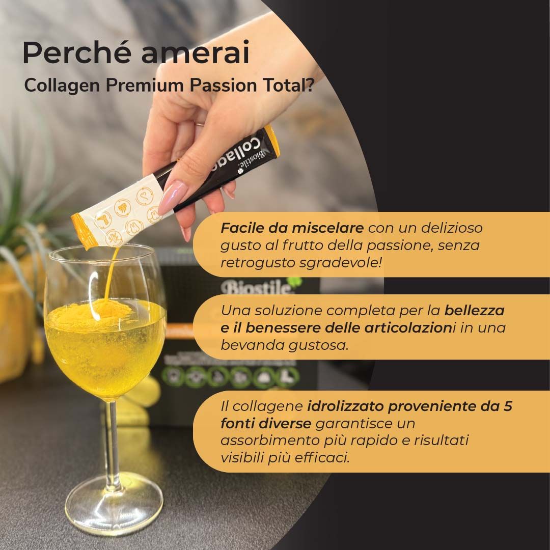 Persona che versa Biostile Collagen Premium Passion Total in un bicchiere. Testo: Gusto delizioso. Vantaggi per articolazioni e bellezza.