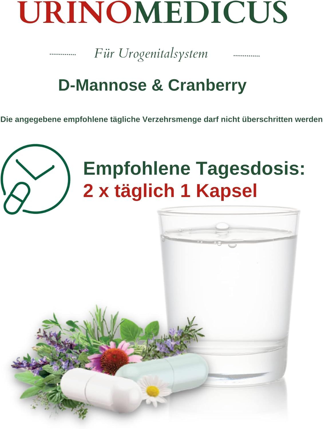 Bicchiere d'acqua, capsule, erbe e fiori. Testo: Dose giornaliera raccomandata: 2 x 1 capsula al giorno. Urino Medicus.