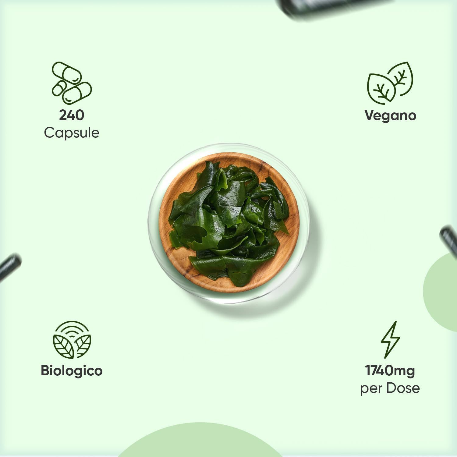 Capsule, alghe e flacone. Testo: Spirulina & Clorella, 1740mg. Marchio: WeightWorld. 240 capsule.