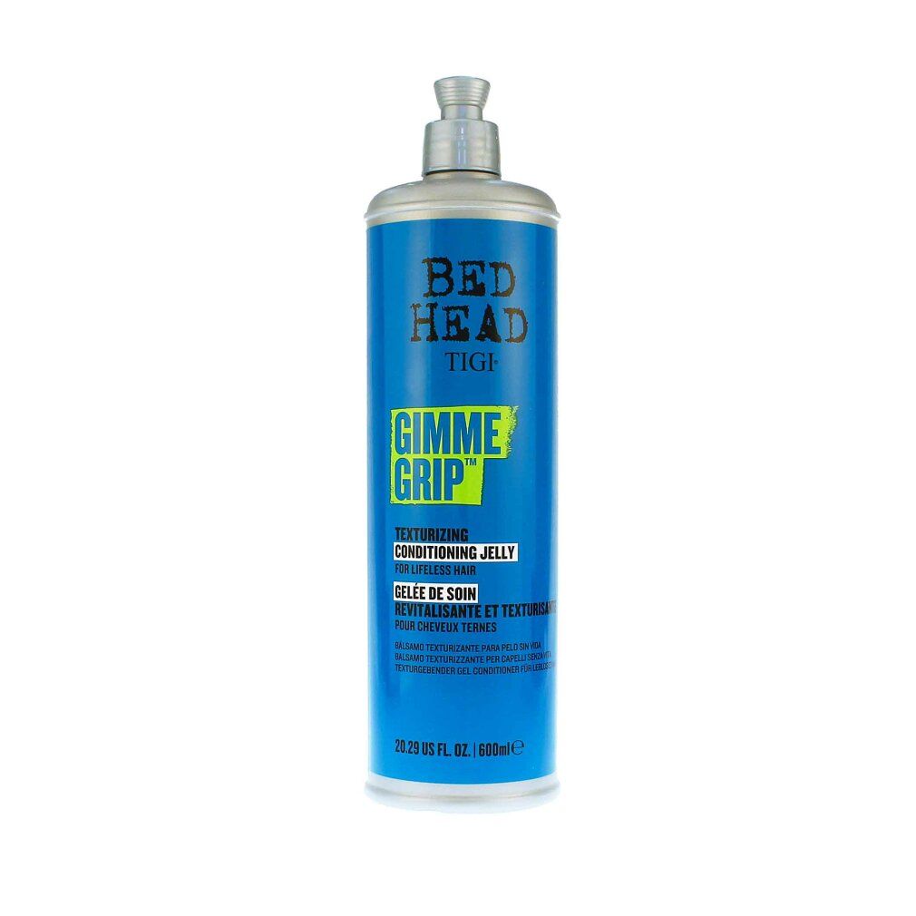 Flacone blu turchese con pompa. Scritta: Bed Head Tigi Gimme Grip Texturizing Conditioning Jelly. 20.29 US fl. oz. / 600ml.