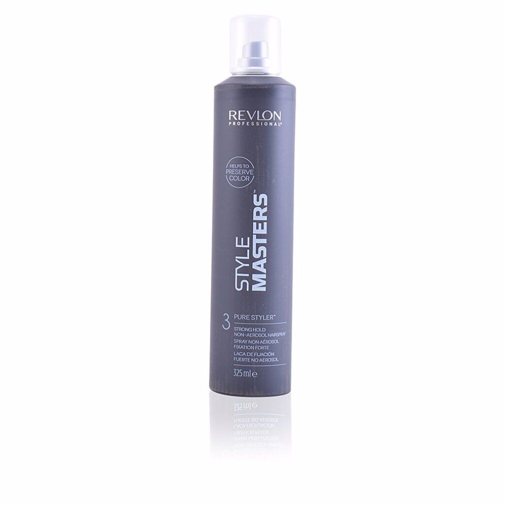 Flacone spray grigio con erogatore bianco. Scritte: Revlon Professional, Style Masters, Pure Styler, Strong Hold.