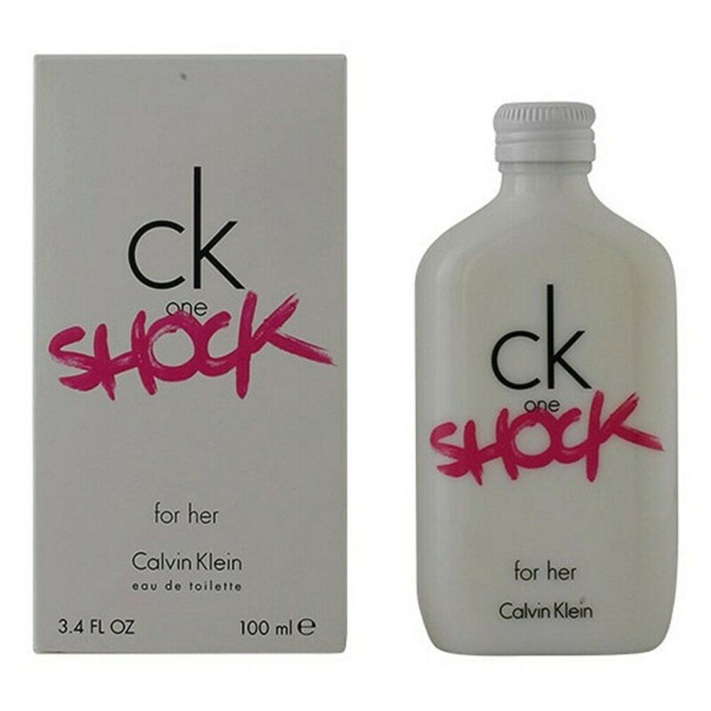 Flacone e confezione bianchi con "ck one SHOCK for her". Flacone con tappo bianco. "Calvin Klein" è visibile.