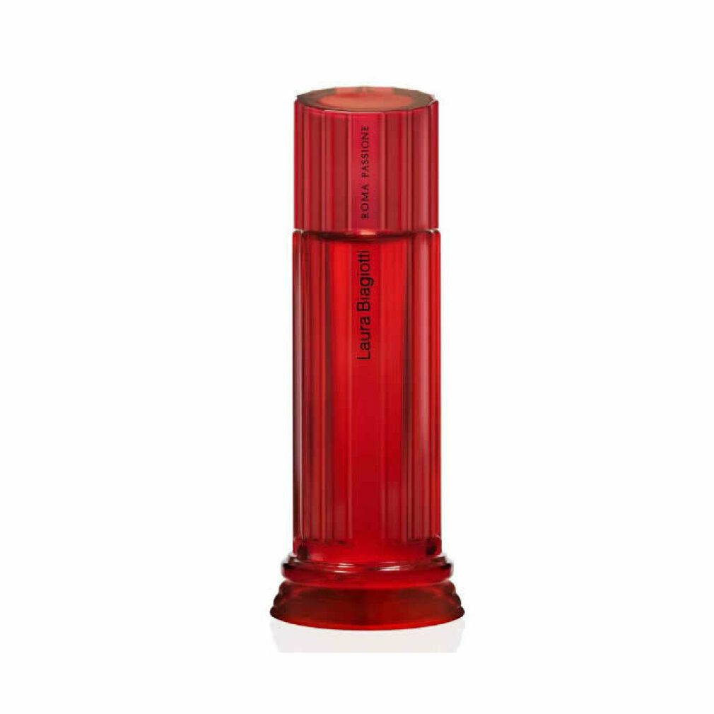 Flacone rosso Roma Passione di Laura Biagiotti. Forma cilindrica, superficie scanalata. Scritta Roma Passione.