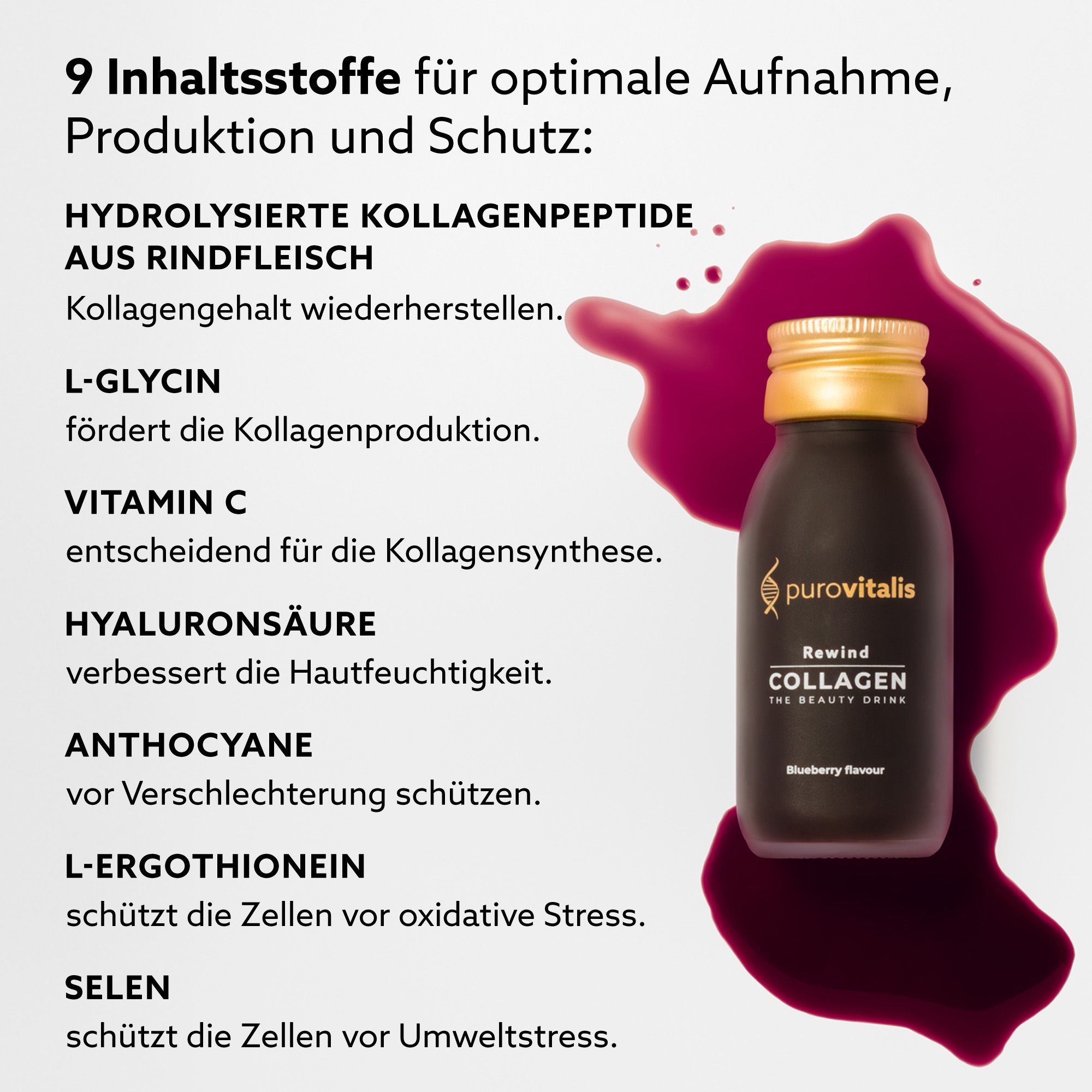 Una bottiglia di Rewind Collagen Drink in uno schizzo. Testo: "9 ingredienti per un assorbimento, una produzione e una protezione ottimali".