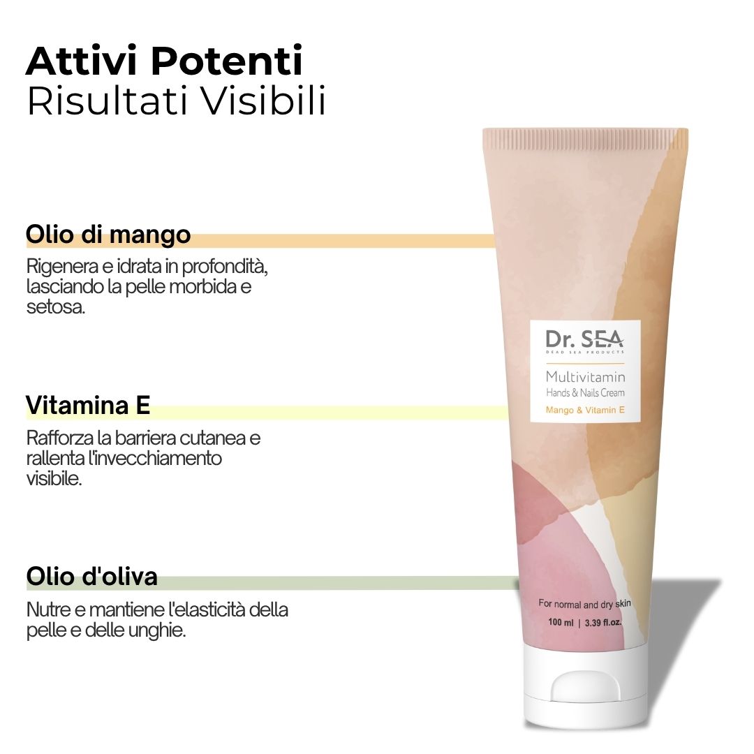 Tubo di crema. Scritta: Dr. SEA, Multivitamin, Hands & Nails Cream, Mango & Vitamin E. Testo sugli ingredienti: olio di mango, vitamina E, olio d'oliva.