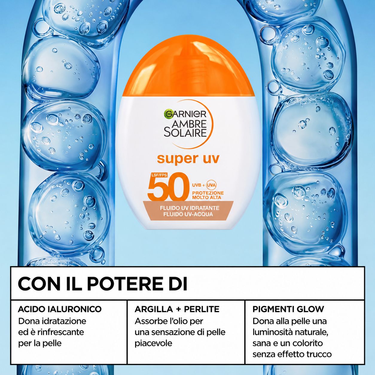 Prodotto. Testo: Super UV, SPF 50. Fluido UV-acqua. Con il potere di acido ialuronico, argilla + perlite, pigmenti glow.