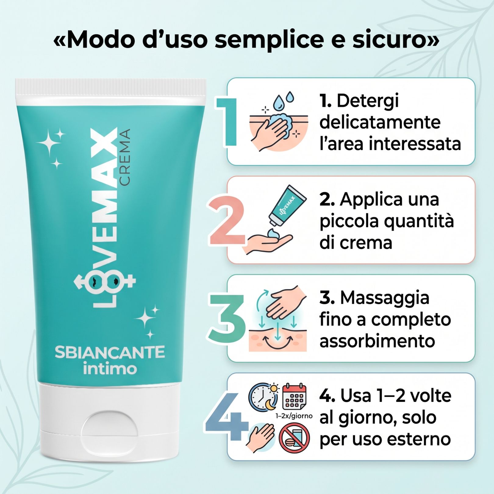 Passaggi di applicazione della crema LOVEMAX: pulire, applicare, massaggiare, frequenza d'uso.