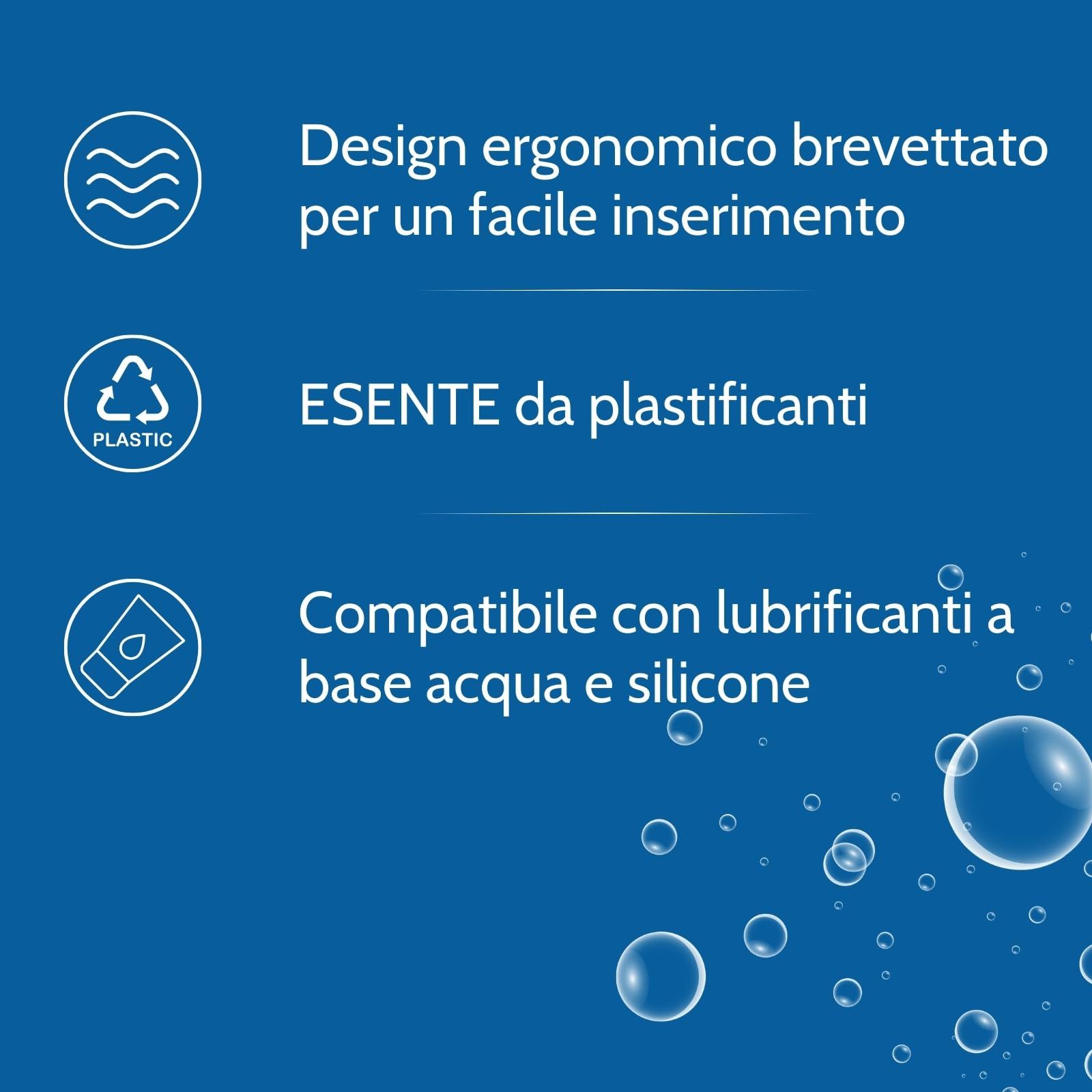 Grafiche mostrano design ergonomico, assenza di plastificanti e compatibilità con lubrificanti.