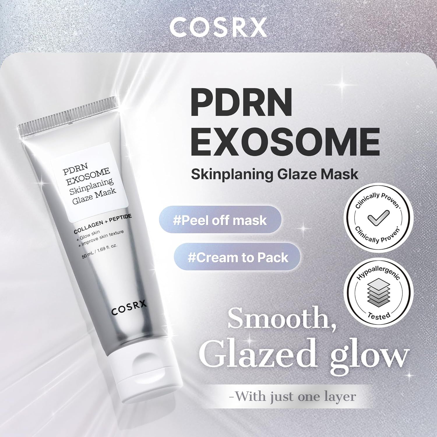 Tubo PDRN Exosome Skinplaning Glaze Mask con logo COSRX. Testato clinicamente, ipoallergenico.