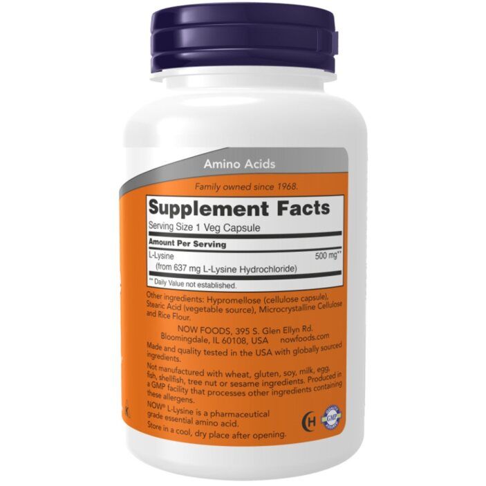 Retro del flacone Now Foods L-Lysine 500mg con informazioni nutrizionali e dettagli del produttore.