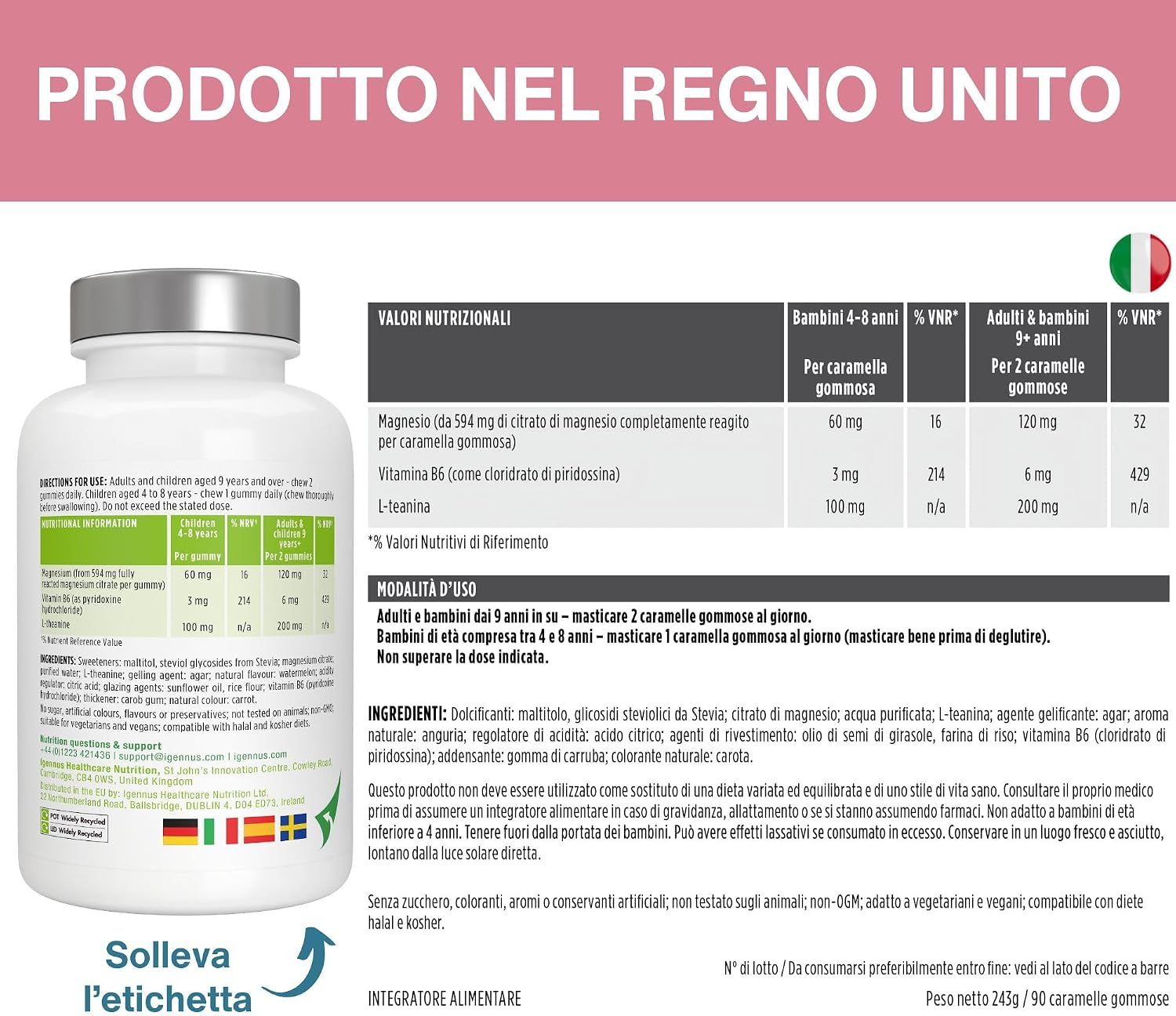 Igennus Calm Magnesium Gummies: Valori nutrizionali e istruzioni d'uso.