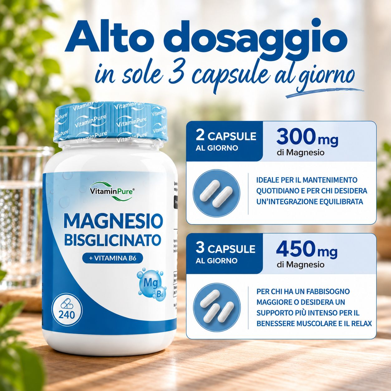 Bottiglia di Bisglicinato di Magnesio VitaminPure con Vitamina B6, 240 capsule. Informazioni sul dosaggio.
