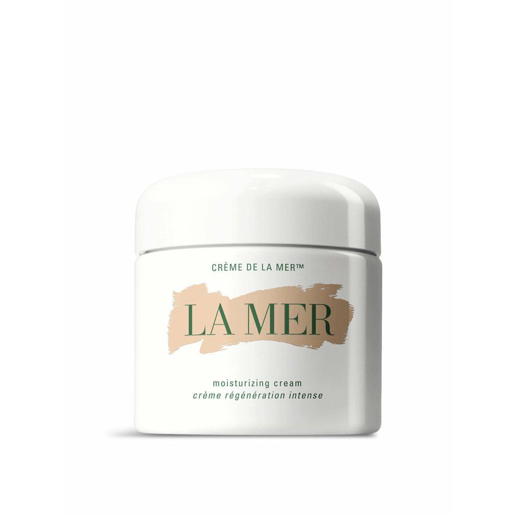 Vaso bianco con scritta: LA MER, Crème de La Mer, Moisturizing Cream. Scritta rosa.