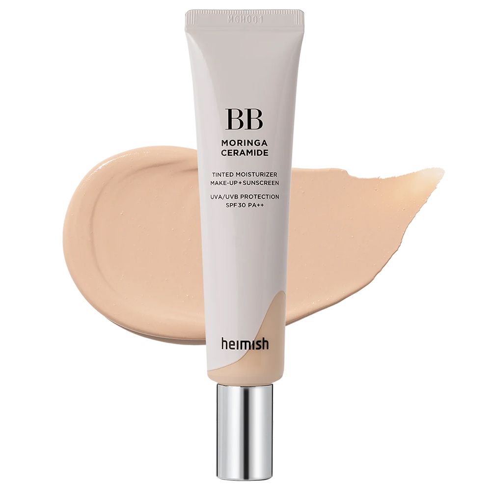 Tubetto di BB Moringa Ceramide BB Cream con uno swatch del colore 21C Light Nude.