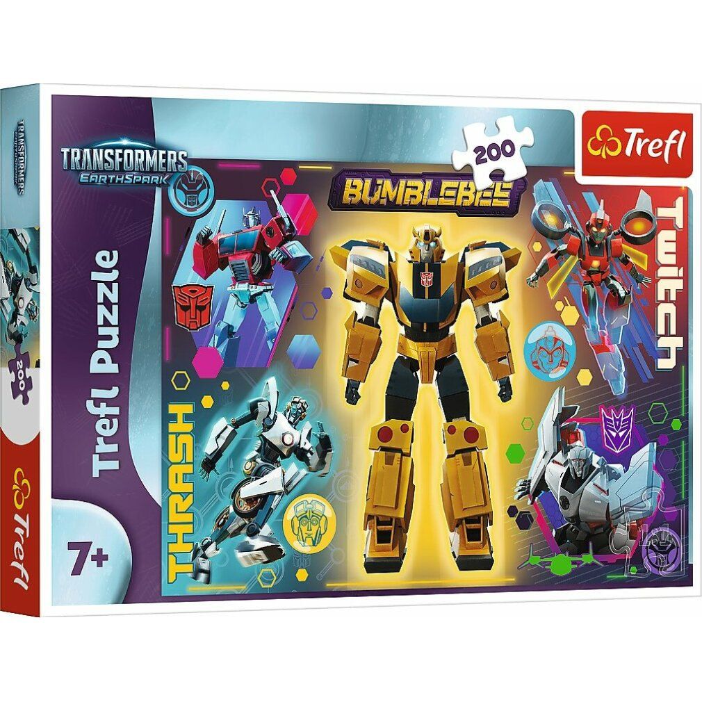 Puzzle Trefl, 200 pezzi, tema Transformers. Confezione con robot gialli e blu. Età consigliata 7+.