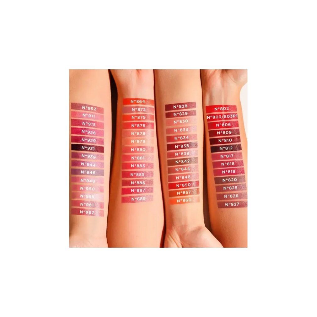 Quattro braccia con colori di rossetto applicati, dal rosa chiaro al rosso scuro.