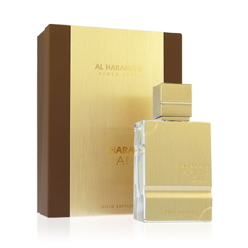Flacone e confezione dorati. Scritta: Al Haramain Amber Oud Gold Edition. Flacone con tappo quadrato e forma rettangolare.