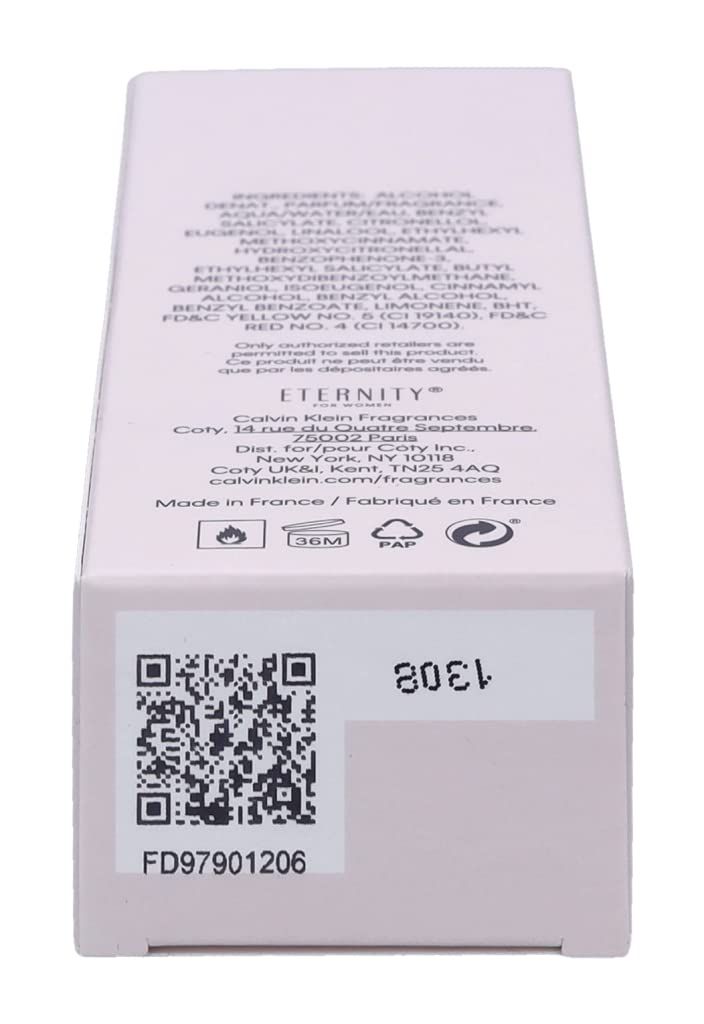 Confezione con ingredienti, avvertenze e codice QR. Scritta: ETERNITY, Calvin Klein Fragrances.