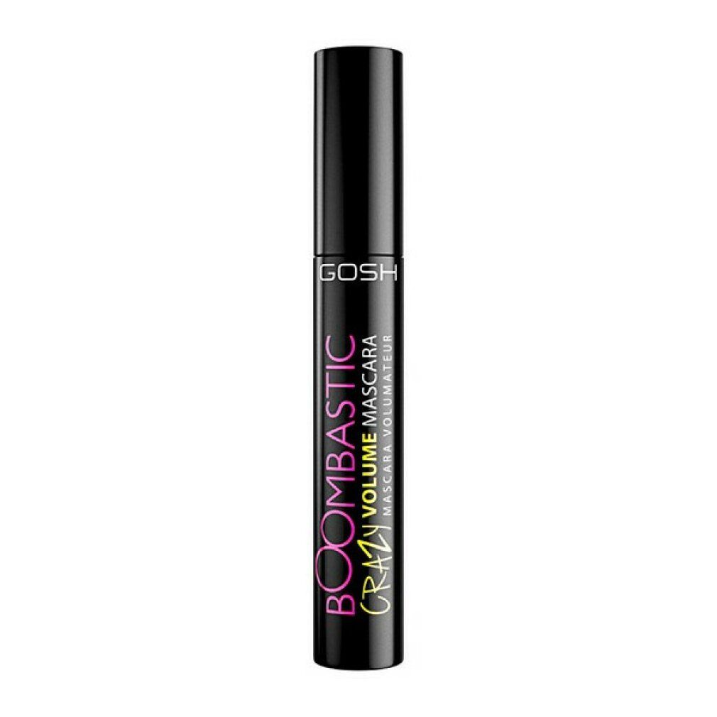 Tubo di mascara nero con scritta GOSH, BOOMBASTIC CRAZY VOLUME MASCARA. Tappo nero. Sfondo bianco.