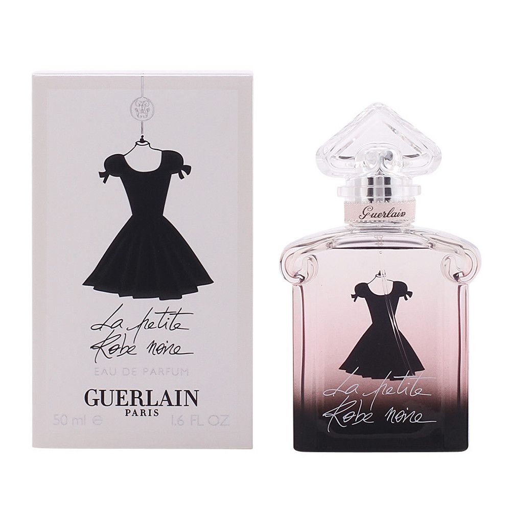 Guerlain Petite Robe Noire Eau de Parfum. Flacone e confezione con motivo abito nero. Scritta: Guerlain, La petite Robe noire.