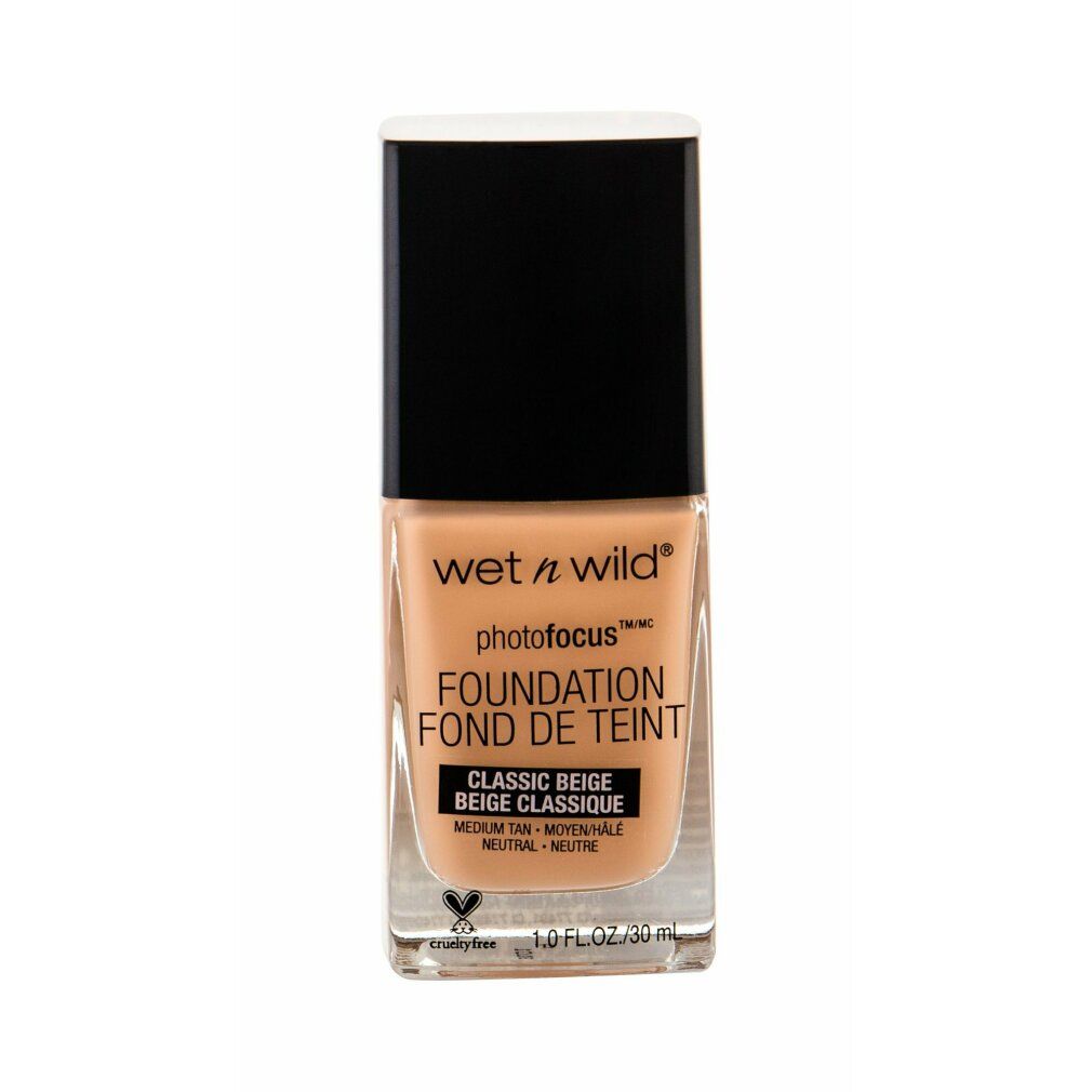 Fondotinta Wet n Wild Photofocus Classic Beige. Flacone con tappo nero. Tonalità beige.