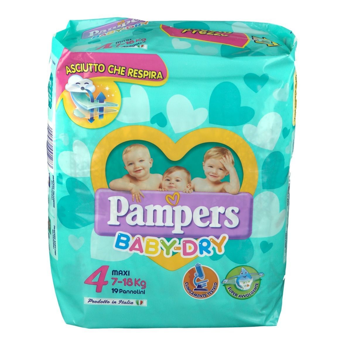 Confezione di pannolini Pampers Baby-Dry. Confezione turchese e verde con design a cuore. Informazioni e illustrazioni del prodotto sul davanti.