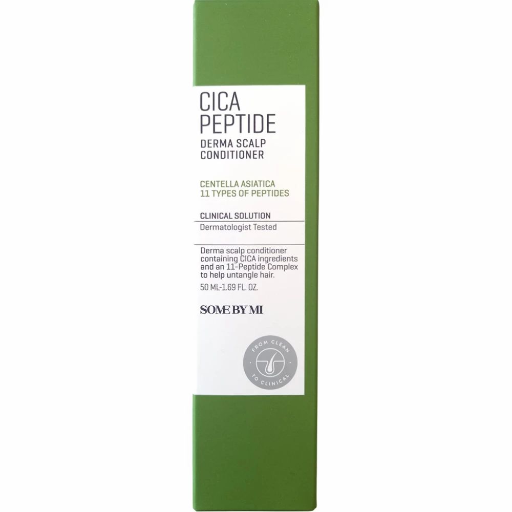 Confezione verde con etichetta bianca. Scritta: SOME BY MI Cica Peptide Derma Scalp Conditioner. Informazioni sul prodotto.