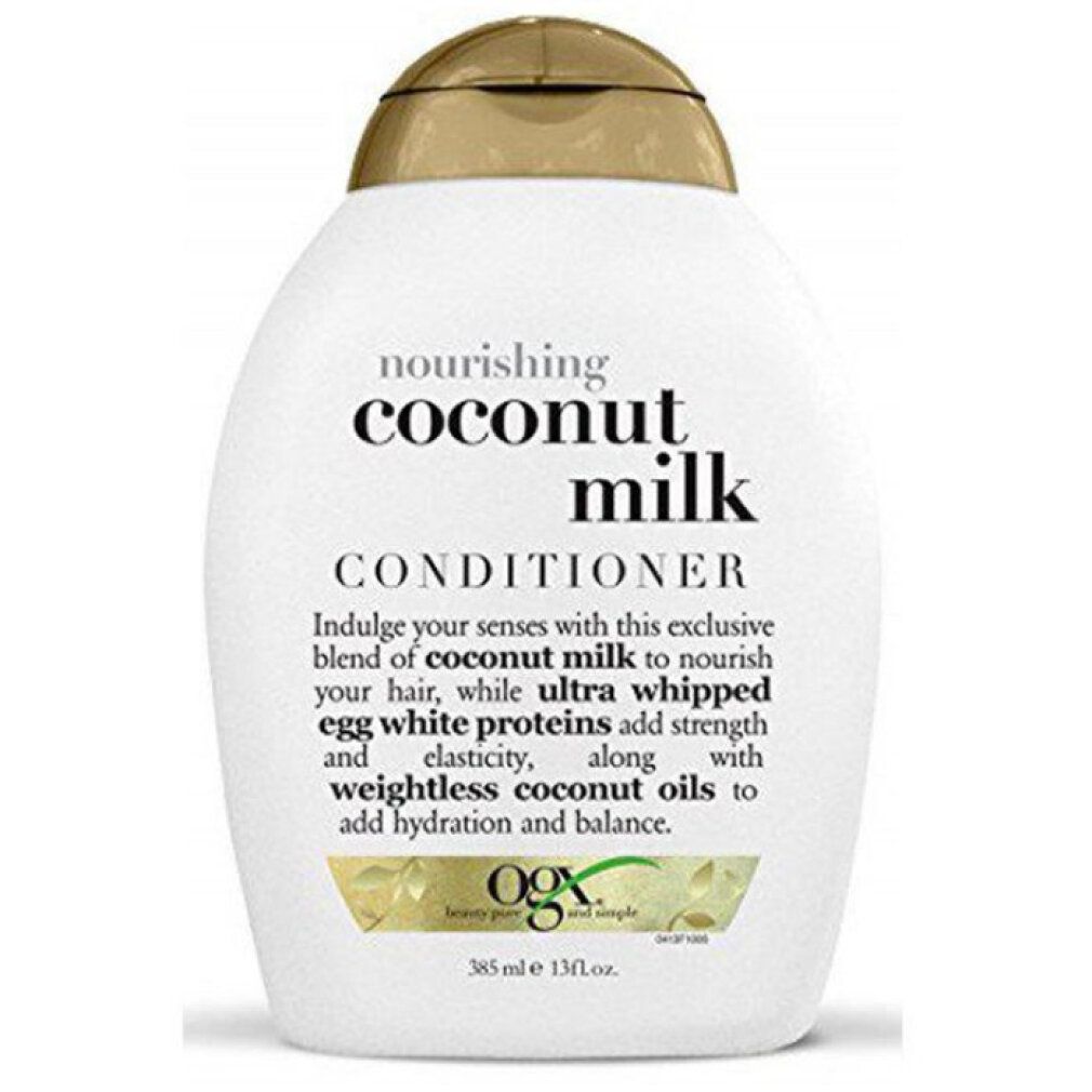 Flacone bianco con tappo dorato. Scritta: "coconut milk CONDITIONER". Contiene 385 ml. Marchio: OGX.