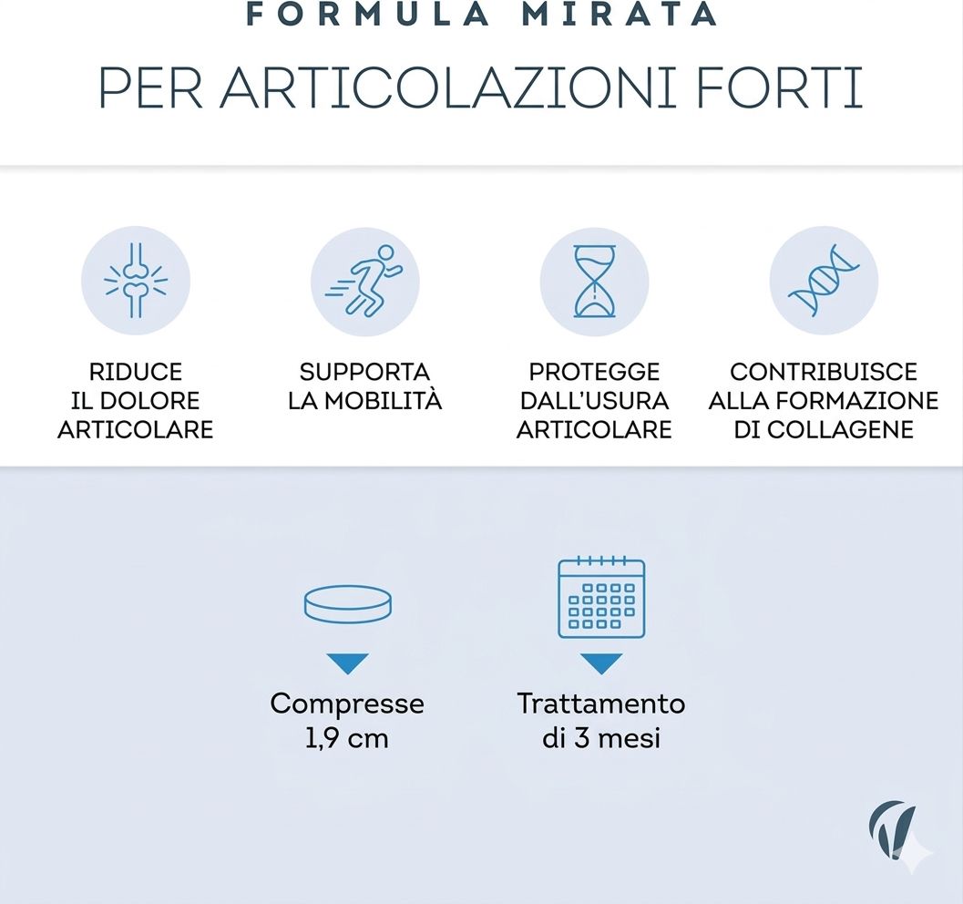 Grafico con simboli. Riduce il dolore, supporta la mobilità, protegge dall'usura, favorisce il collagene.