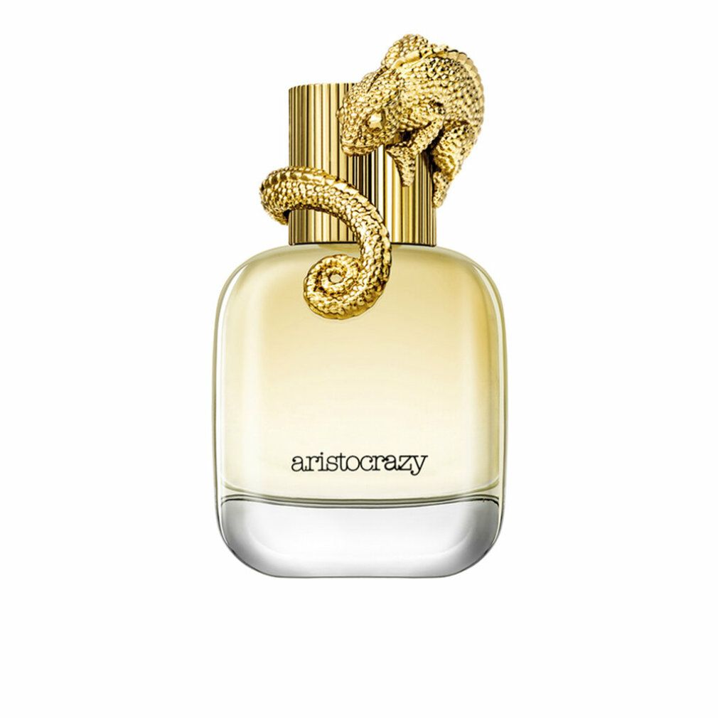 Flacone di profumo con tappo dorato e decorazione a rettile. Scritta: aristocrazy. Flacone in vetro trasparente con liquido giallastro.