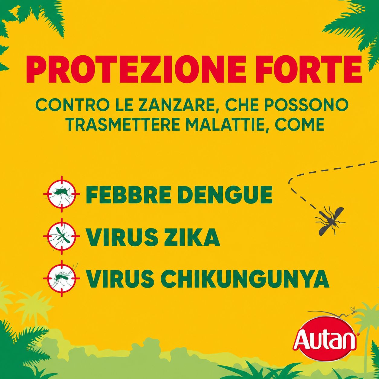 Sfondo giallo con testo: Forte protezione contro le zanzare che possono trasmettere malattie. Dengue, Zika, Chikungunya. Logo Autan.