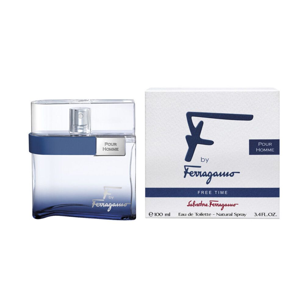 F by Ferragamo Free Time Edt. Spray. Flacone e confezione. Flacone rettangolare sfumato blu. Confezione bianca.