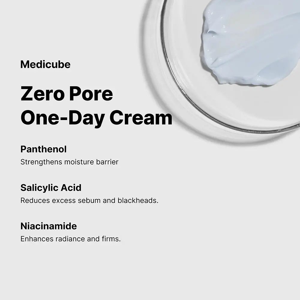 Descrizione prodotto: medicube Zero Pore One-Day Cream. Ingredienti: Pantenolo, Acido salicilico, Niacinamide. Su sfondo chiaro.