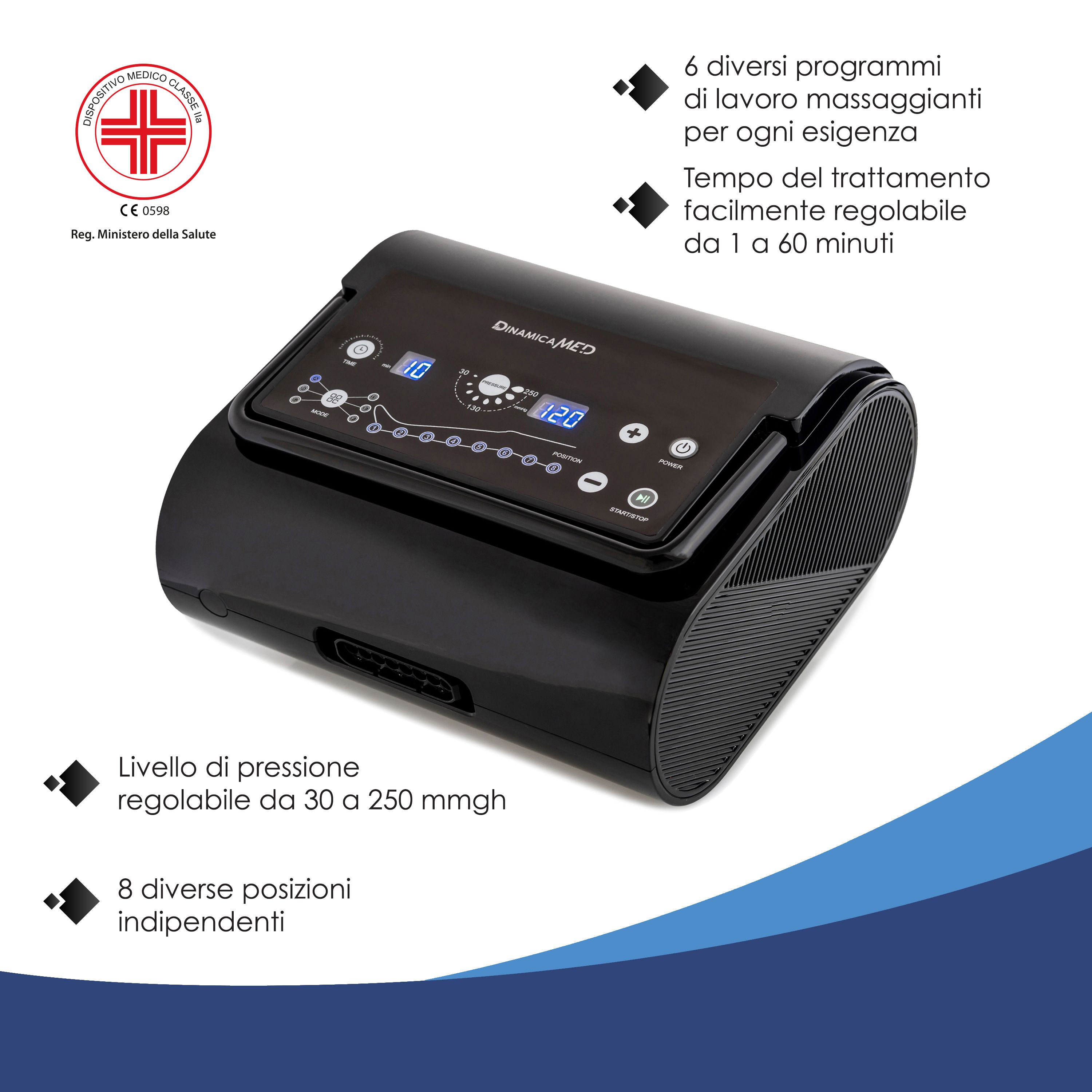Dispositivo massaggiante nero con display digitale e controlli. Mostra 6 programmi, timer 1-60 min, pressione 30-250 mmHg, 8 posizioni.