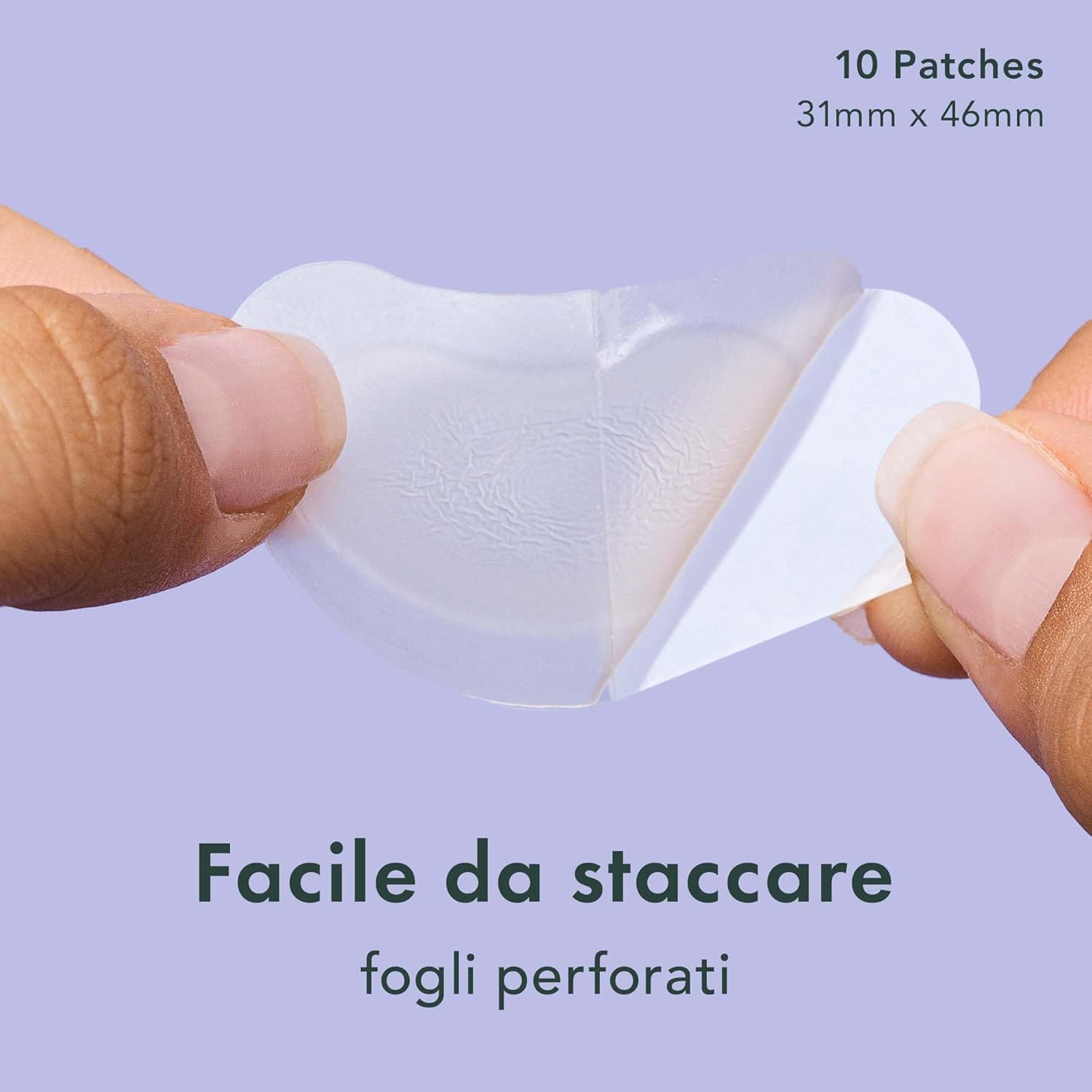 Mani che tengono un cerotto trasparente. Testo: Facile da staccare, fogli perforati. Forma: mezzaluna.