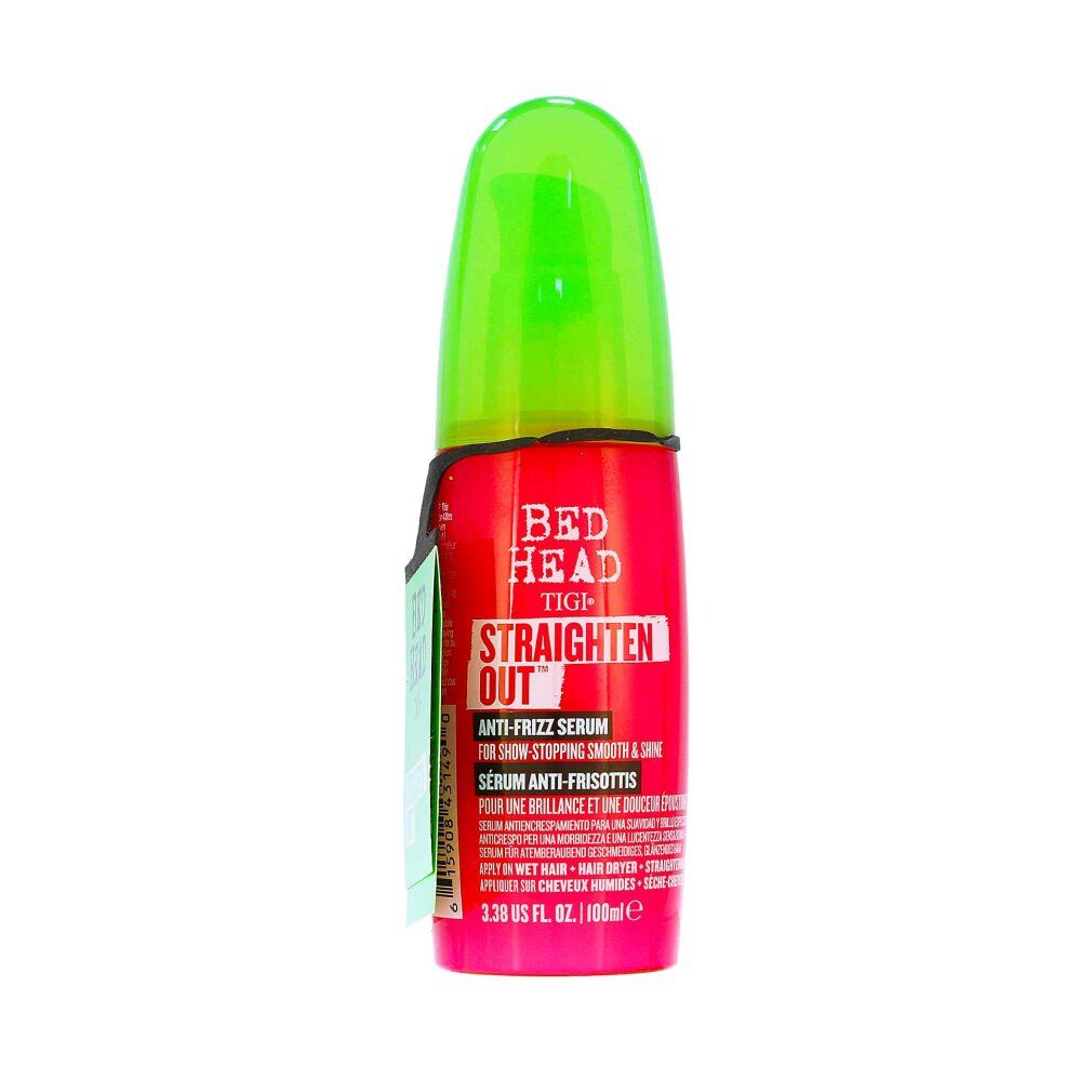 Flacone rosso con tappo verde. Testo: Bed Head TIGI Straighten Out Anti-Frizz Serum. Etichetta con testo.