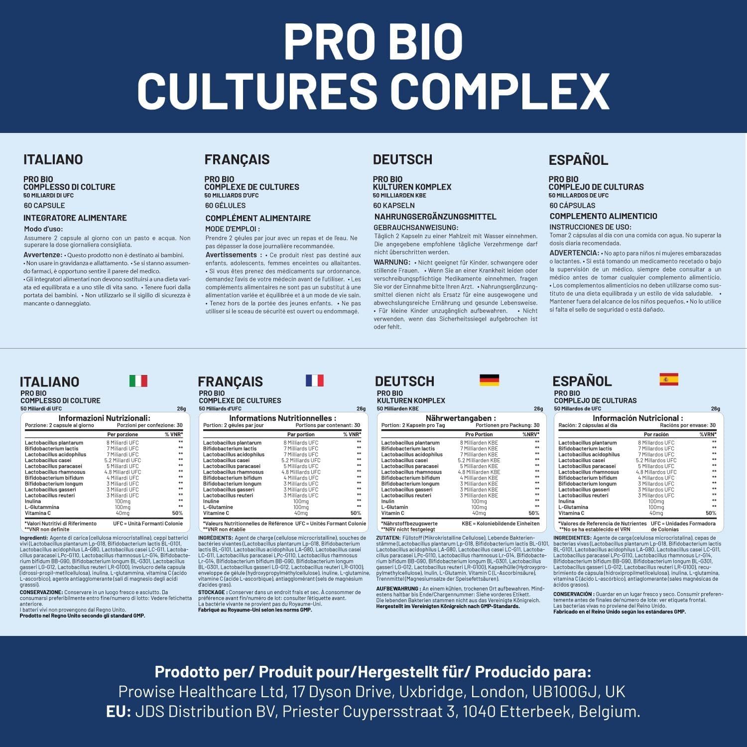 Informazioni sul prodotto multilingue. Contiene informazioni in italiano, francese, tedesco e spagnolo. Nome del prodotto: PRO BIO CULTURES COMPLEX.