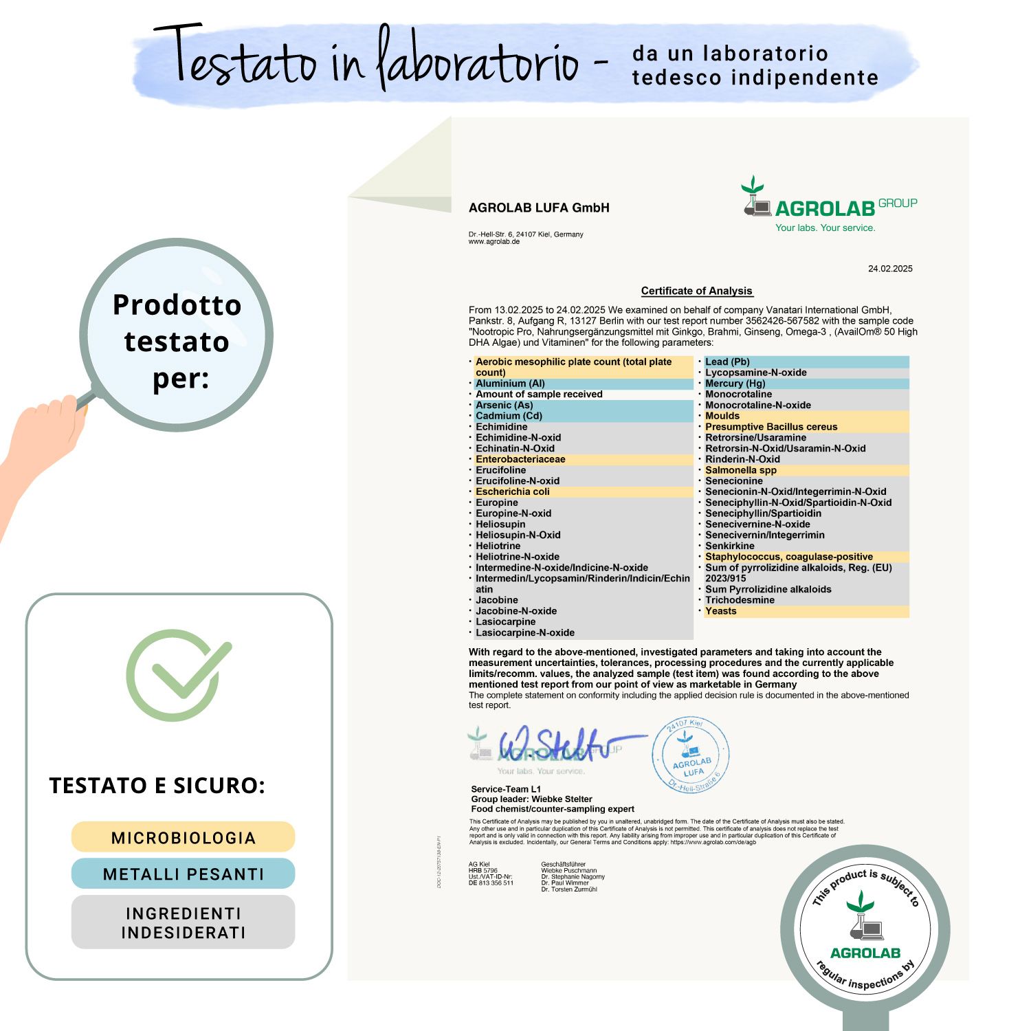 Rapporto di certificazione di AGROLAB LUFA GmbH. Testo: Testato per: Microbiologia, Metalli pesanti, Ingredienti indesiderati. Testato e sicuro.