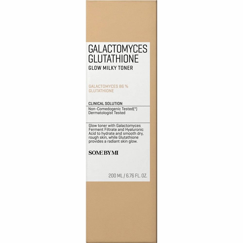 Confezione rettangolare beige. Scritta: Galactomyces Glutathione Glow Milky Toner. Etichetta bianca, testo.