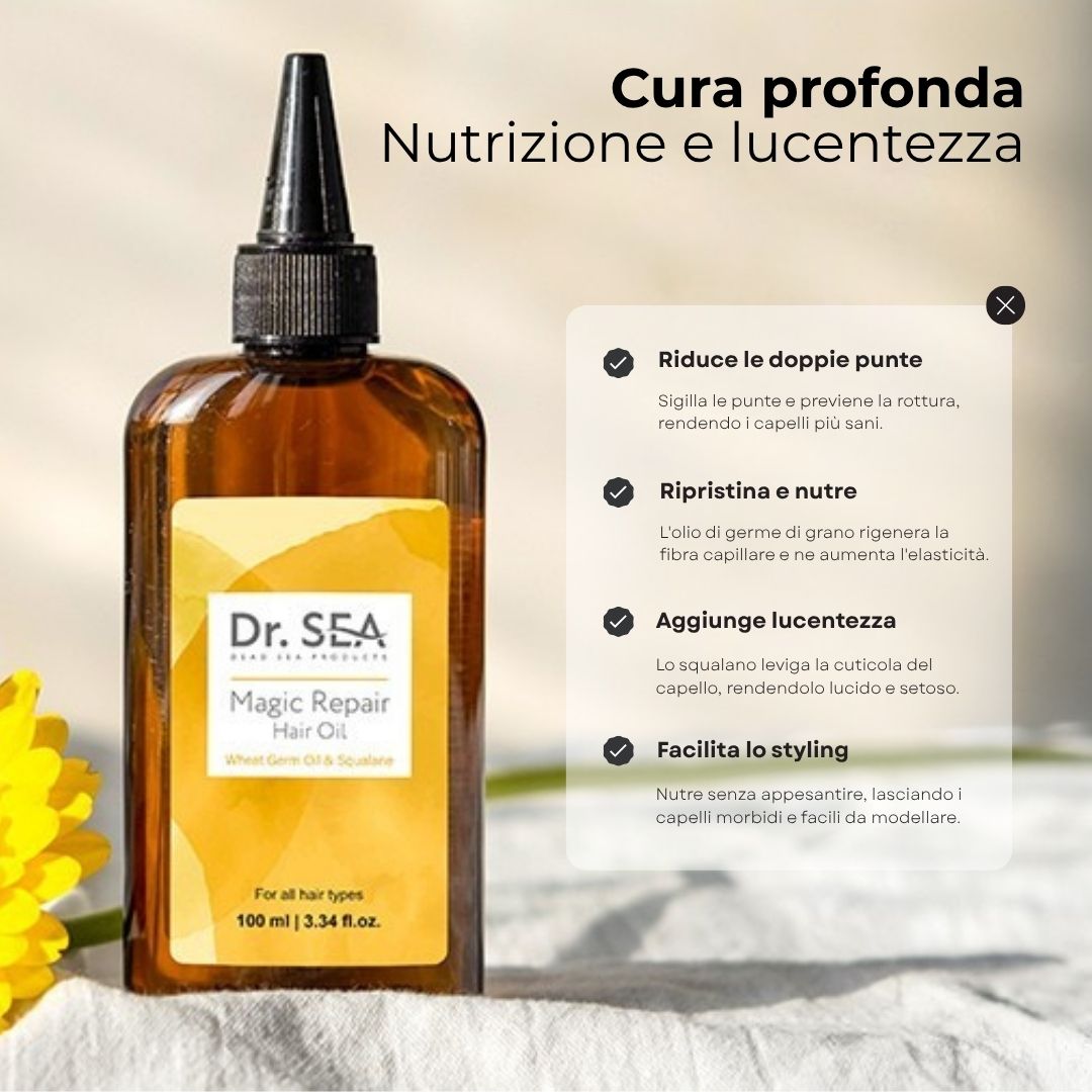 Flacone del prodotto con testo. Testo: Riduce le doppie punte, ripristina e nutre, aggiunge lucentezza, facilita lo styling. Marca: Dr. SEA.